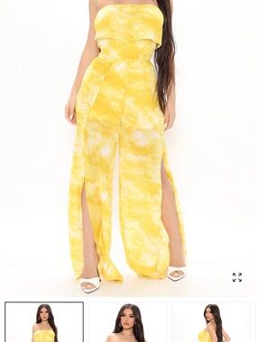 Fashion Nova Yellow Tie-Dye Strapless Ruffle Jumpsuit